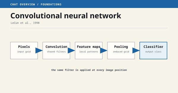 A CNN applies shared filters across an image, builds feature maps, and gradually reduces their spatial size.